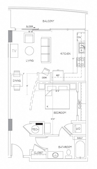Floor plan for 1 bed, 1 bath, 697 sqft